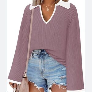 NWT ZESICA Women's V-Neck Long Sleeve Oversized Casual Collared Knit Pullover